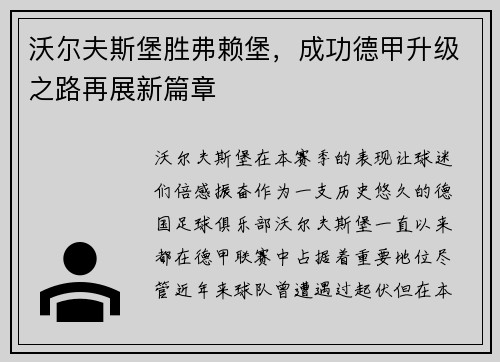 沃尔夫斯堡胜弗赖堡，成功德甲升级之路再展新篇章